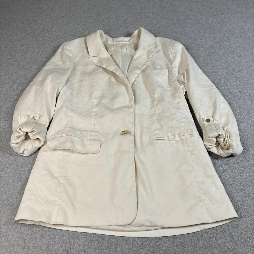 Maeve Jacket Women 10 White Linen Long Button Sleeve Blazer Academia Lightweight